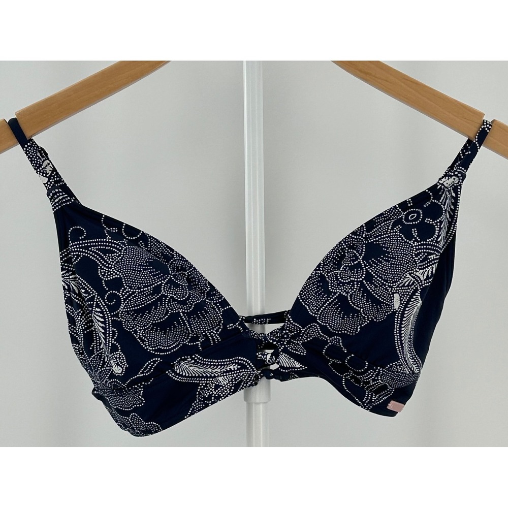 Roxy Navy Blue White Dotted Floral Paisley Knotted Strappy Bikini Top Size M